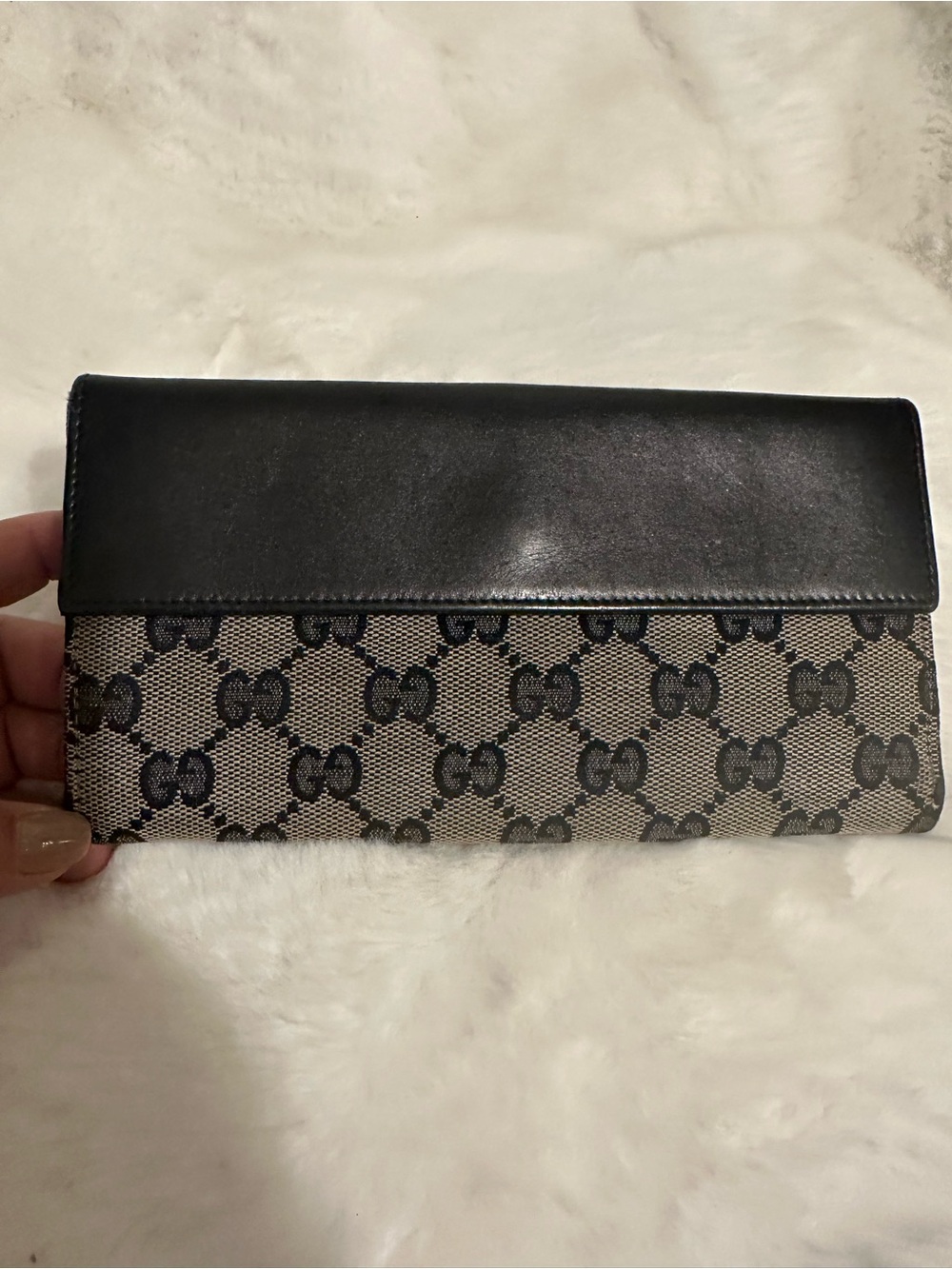 Gucci Black Leather & Beige GG Canvas Long Wallet